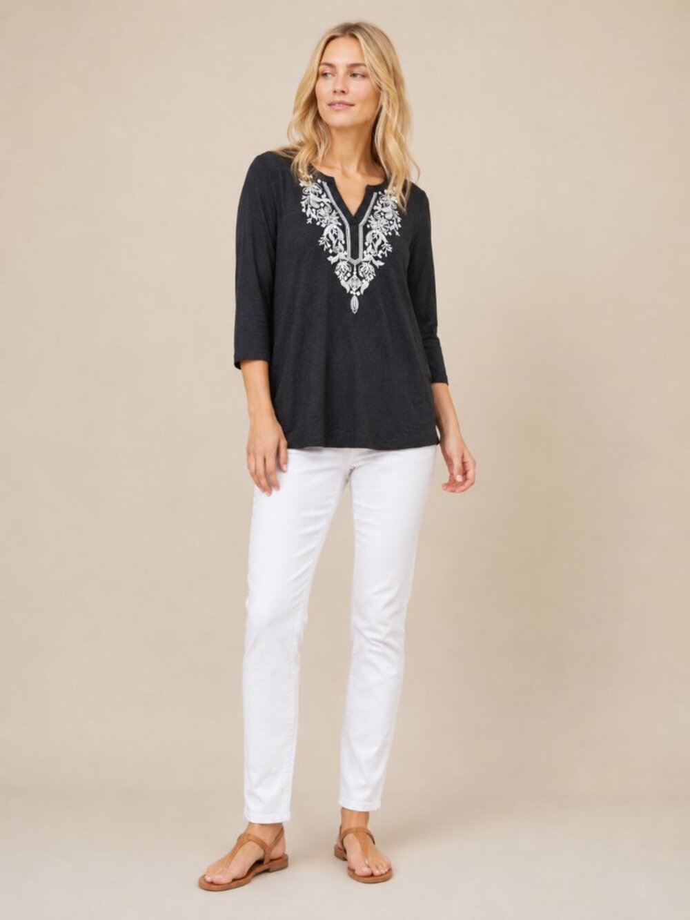 2/$30 Chico's Embroidered Split Neck Boho Tunic Top 3/4 Sleeve Black 16 #A4012